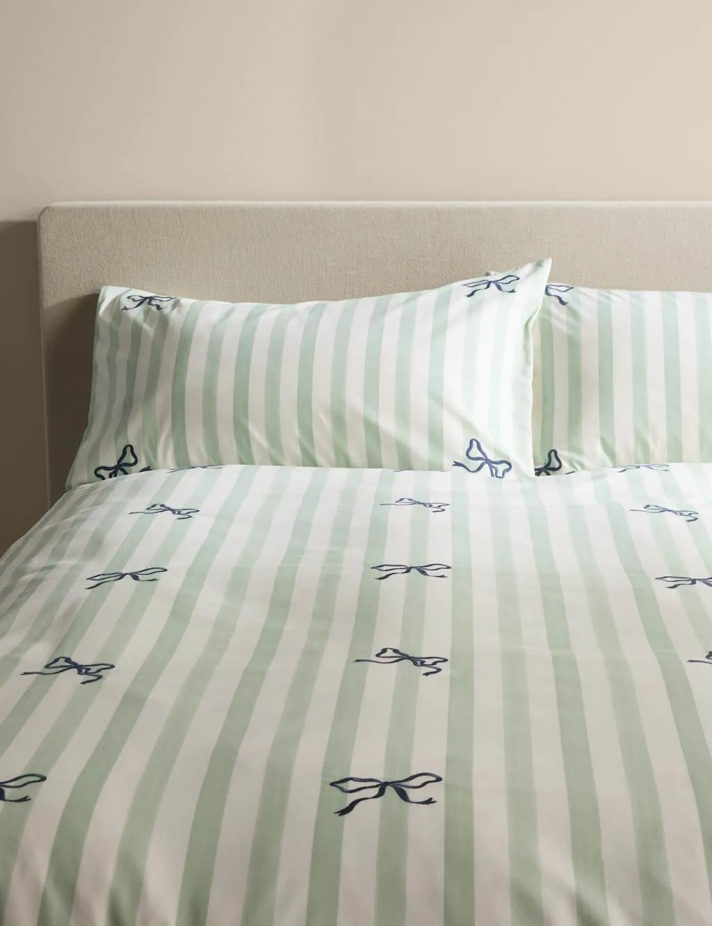 M&S Pure Cotton Embroidered Bow Striped Bedding Set Green Mix