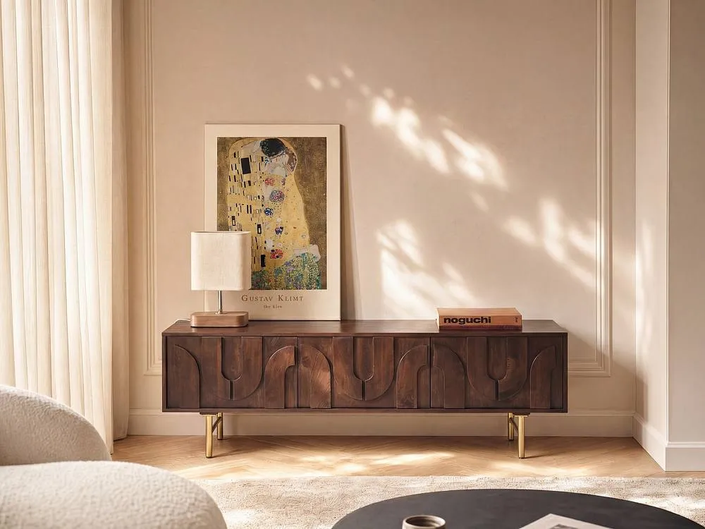 Vente-unique TV Stand With 3 Doors In Mango Wood & Black Metal - Dark Natural in Walnut 3