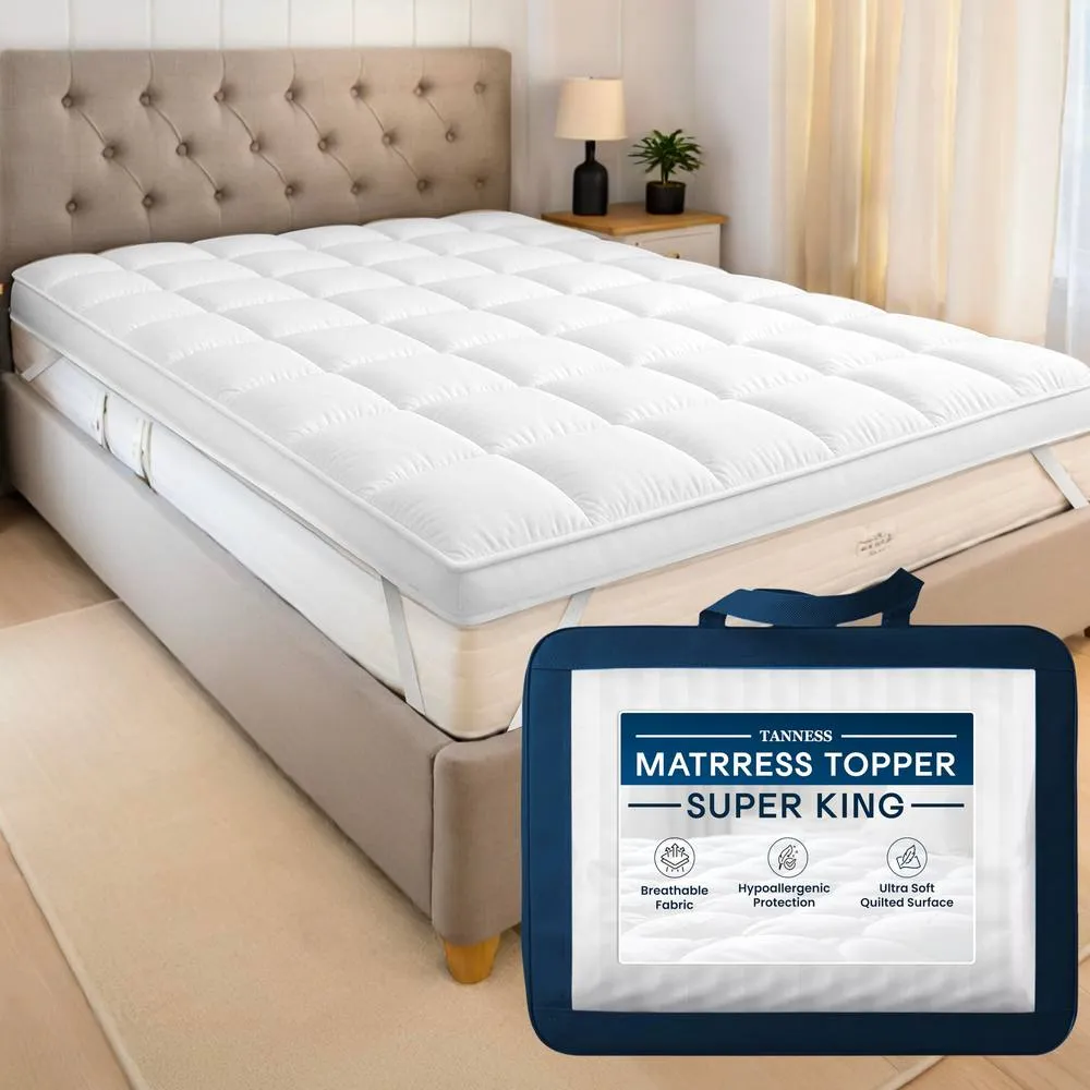 Tanness Mattress Topper 10cm Soft Quilted Microfiber Breathable Hypoallergenic in White