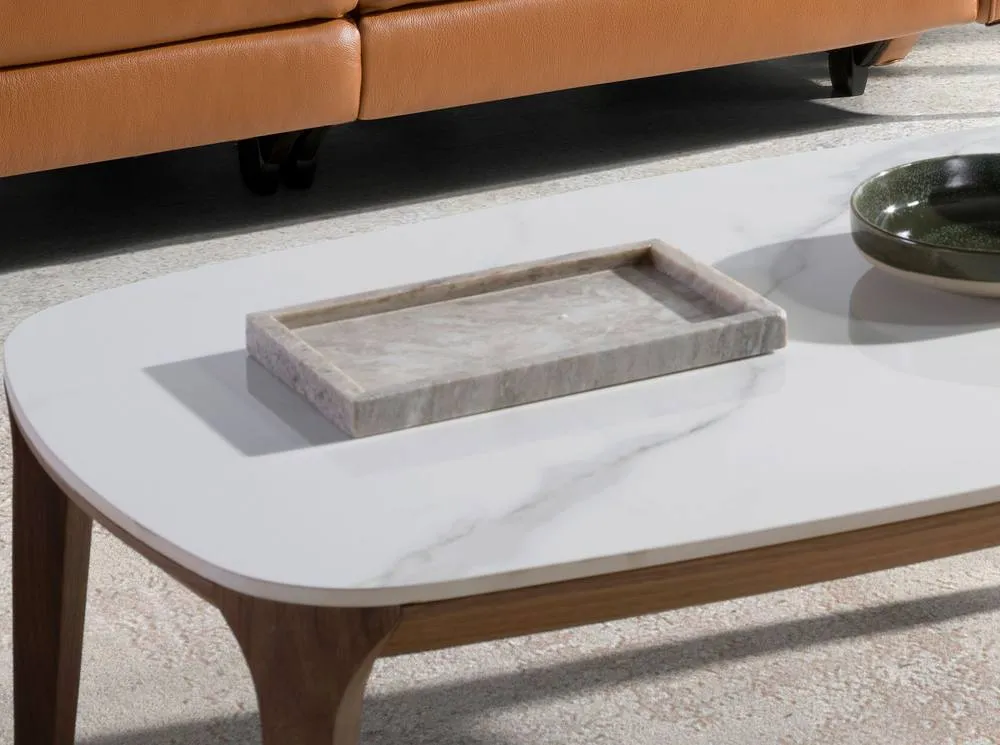 Angel Cerda Oval Porcelain Marble Coffee Table with Walnut Veneer in White 5