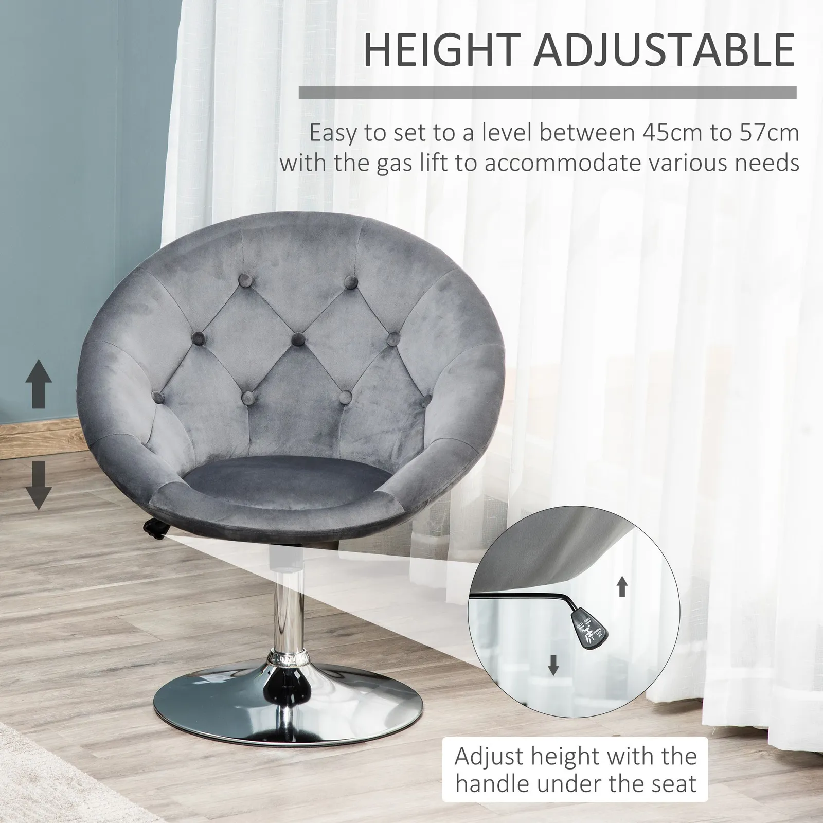 HOMCOM Dining Height Bar Stool Velvet-Touch Adjustable Height Armless Tub Chair in Grey 5