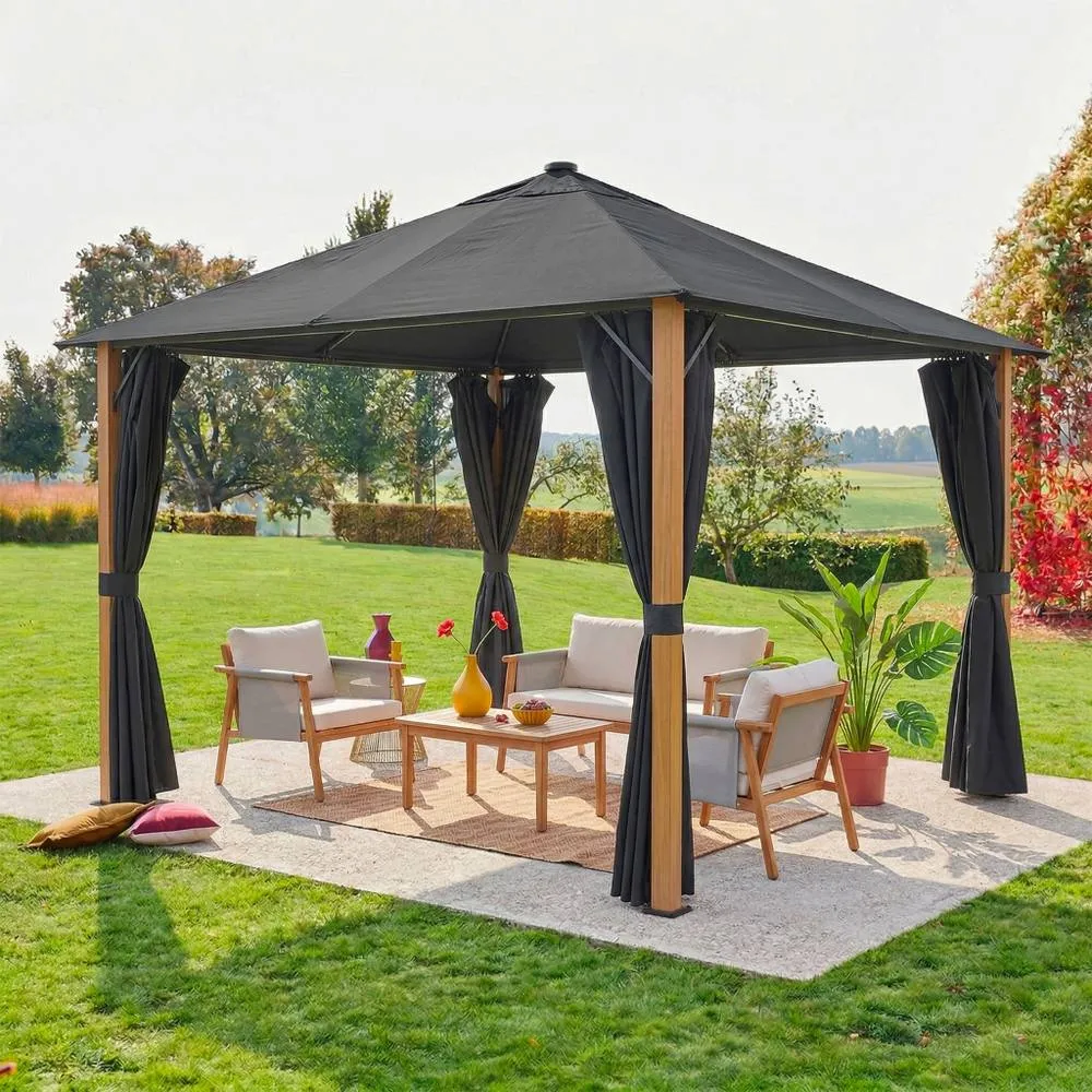 sweeek Aluminum gazebo 3x3m with wood effect, curtains, & LED in Dark Grey 1