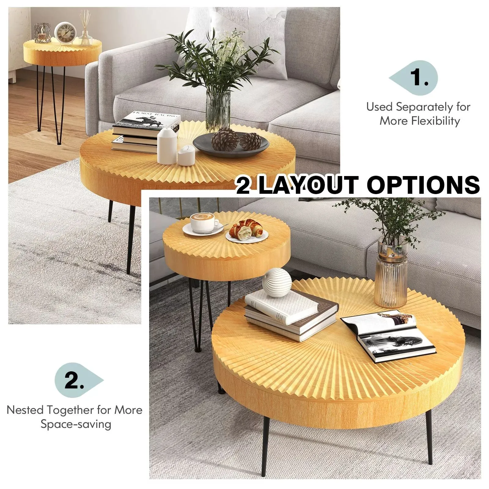 Costway 2PCS Round Nesting Tables Boho Farmhouse Accent Coffee Tables w/Adjustable Foot in Natural 5