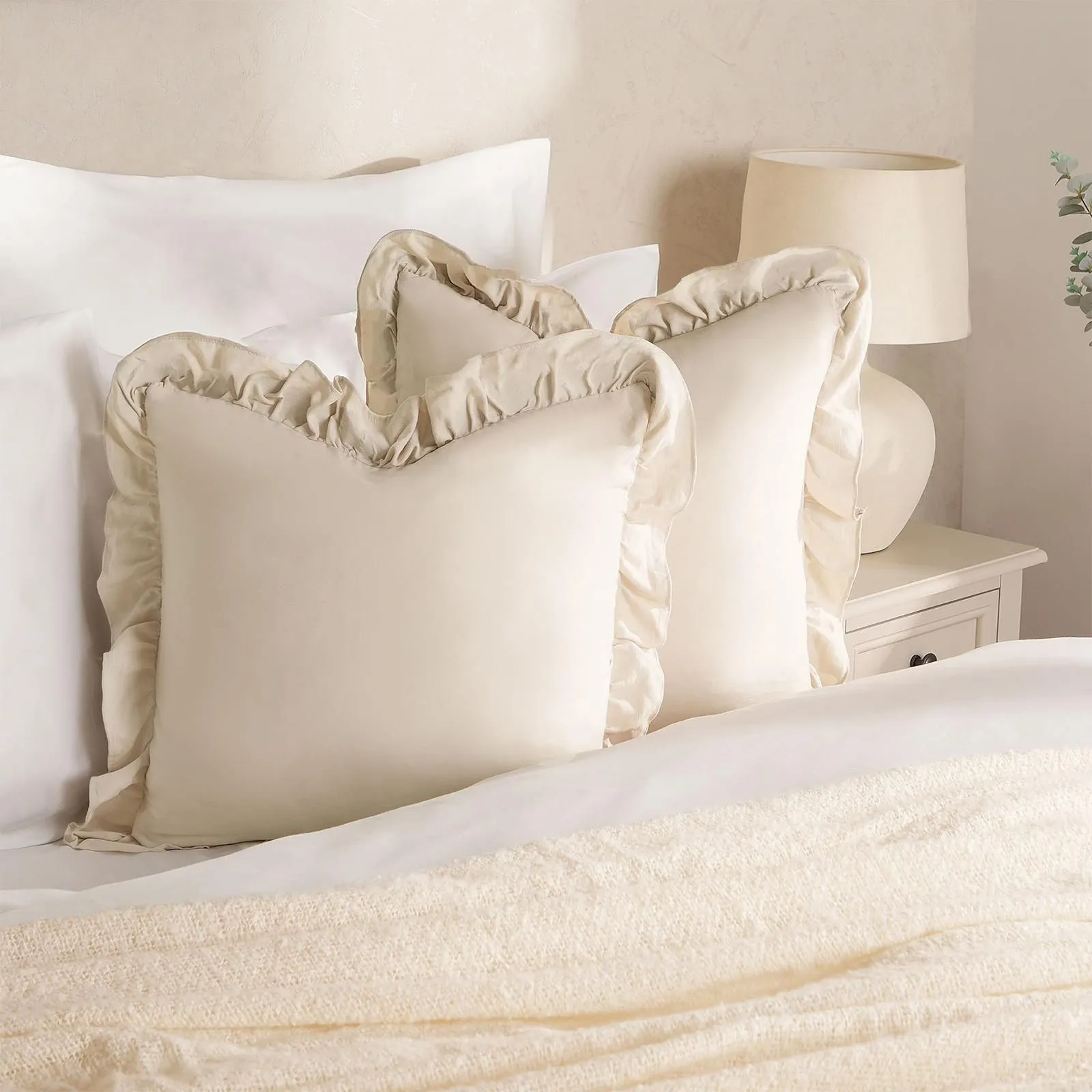 OHS 2 x Plain Faux Linen Frill Cushion Covers in Light Beige