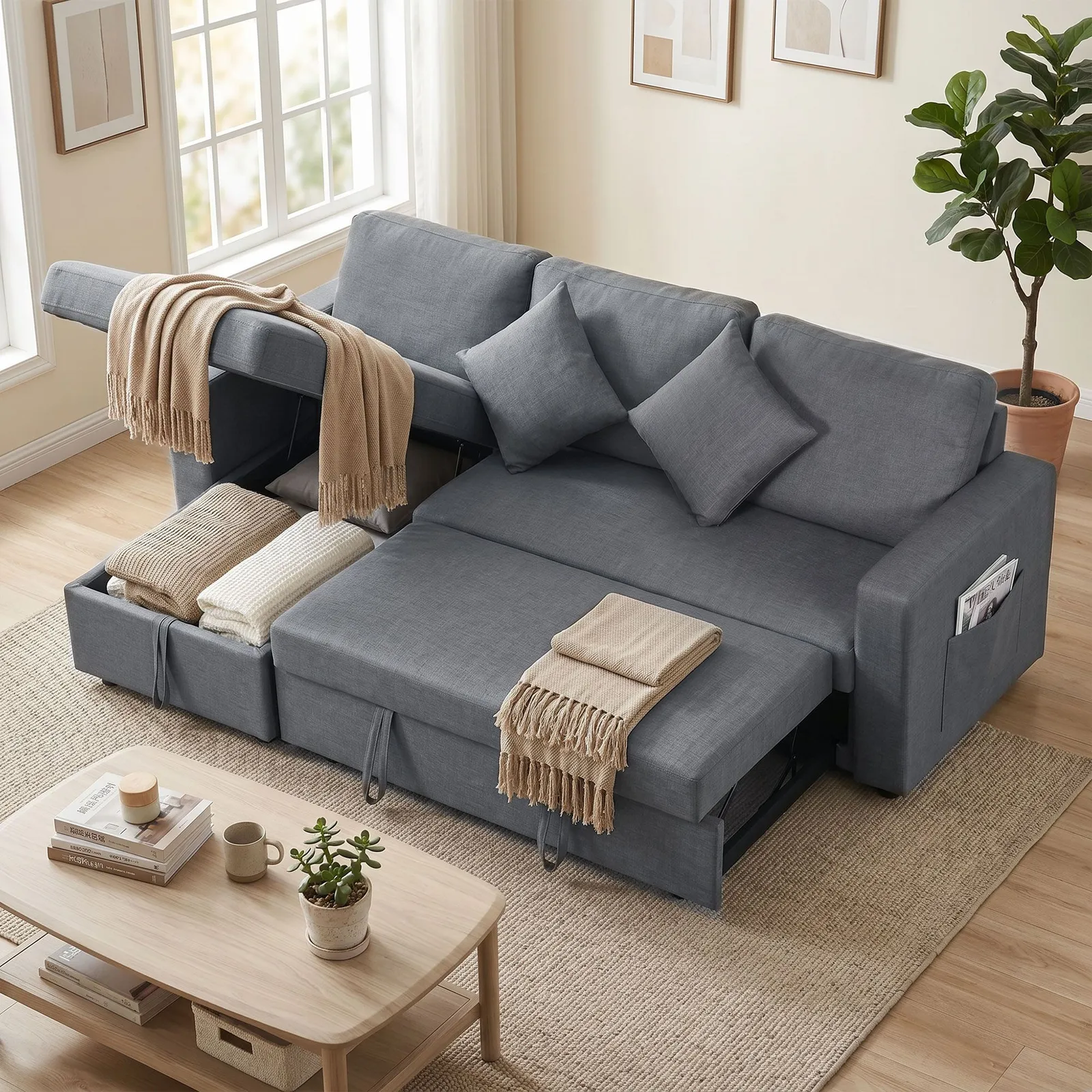 HOMCOM 3 Seater Corner Sofa Bed with Storage Reversible Chaise Dark Grey 2