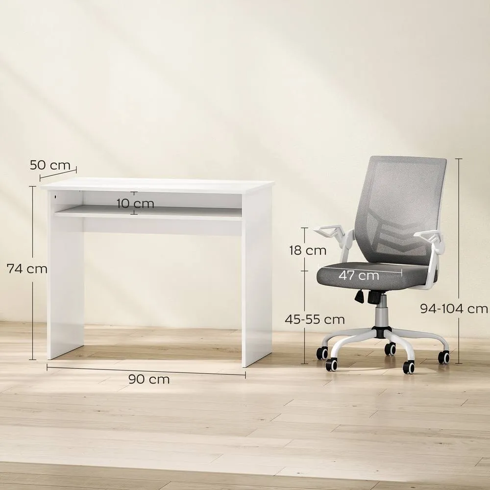 HOMCOM Home Office Desk & Ergonomic Mesh Chair Set with Shelf Lumbar Support in White 3