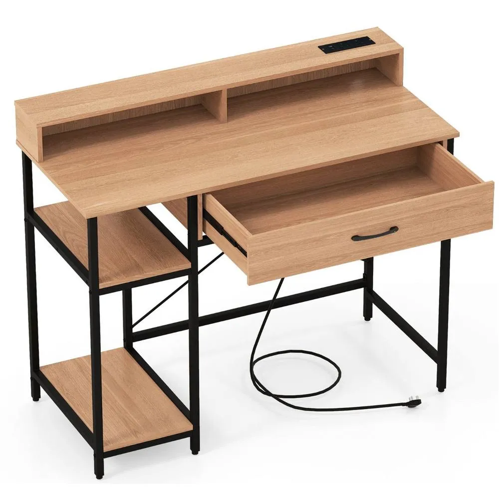 Costway Modern Computer Desk Office Writing Work Study Desk w/ Power Outlets in Natural