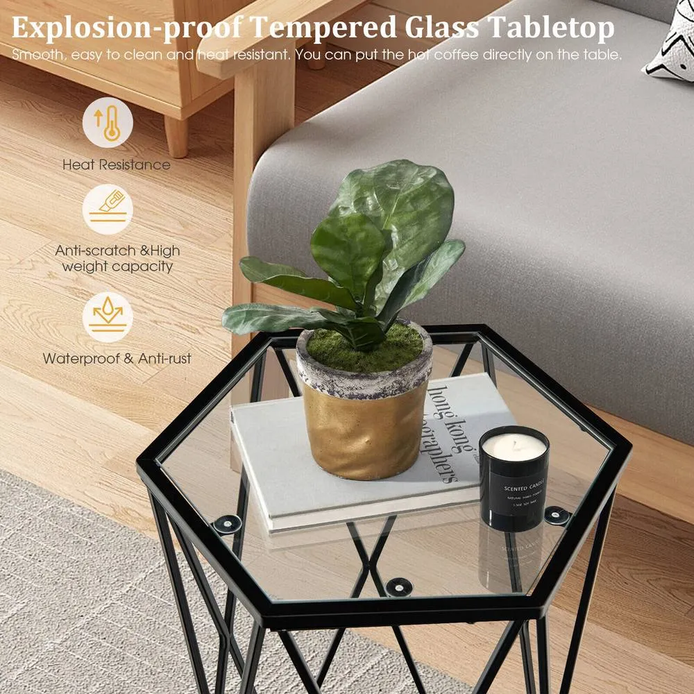 Costway Hexagonal Glass Coffee Table Metal Frame Sofa Side Table Modern End Table in Black 4