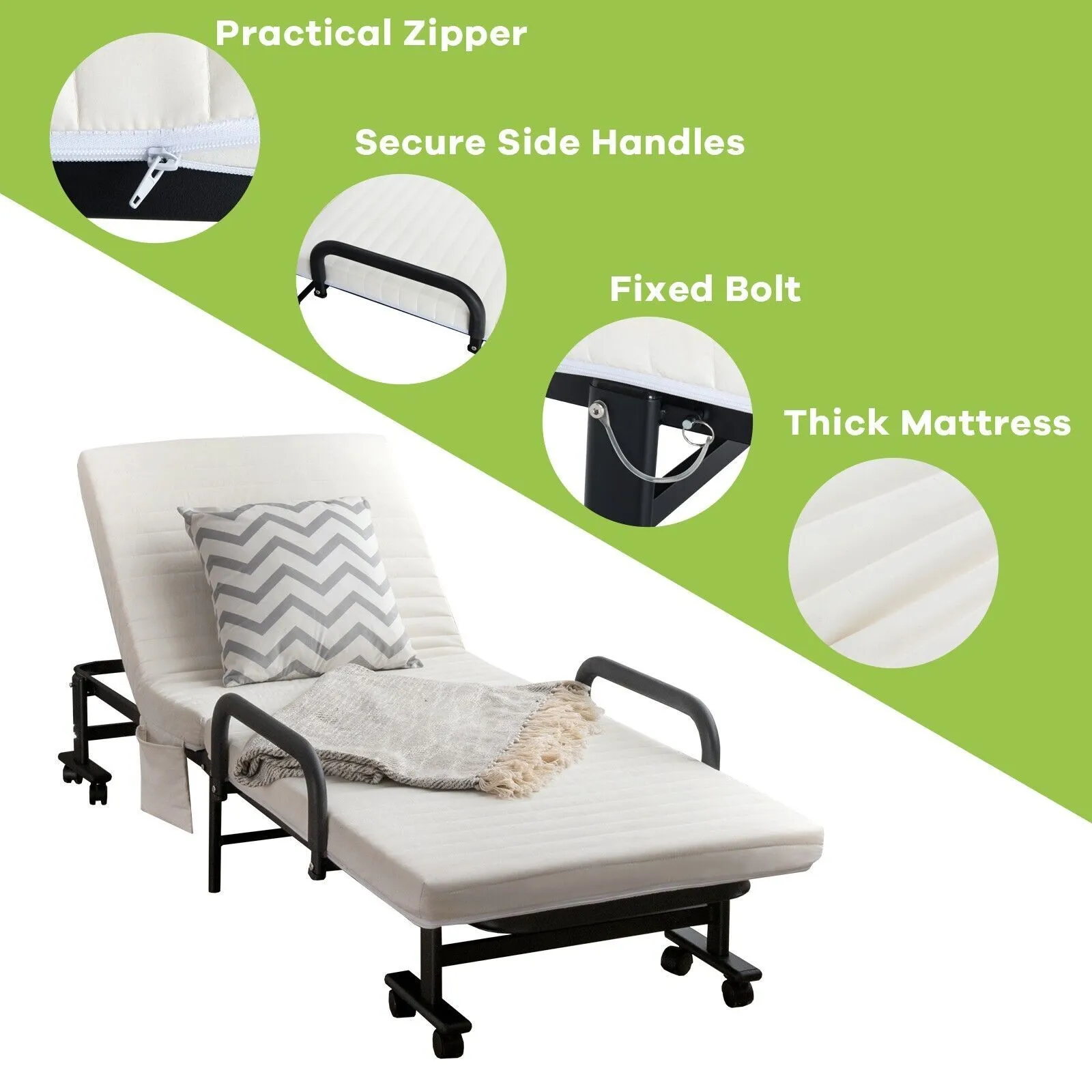 Costway Folding Single Sofa Bed Adjustable Sleeper Bed W/ Wheels & Mattress in White 5