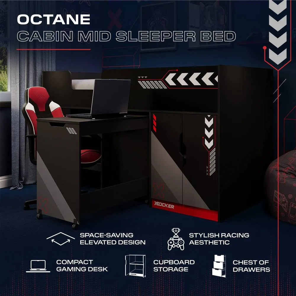 X Rocker Octane Mid Sleeper Gaming Cabin Bed Wardrobe & Pull out Desk in Red 2