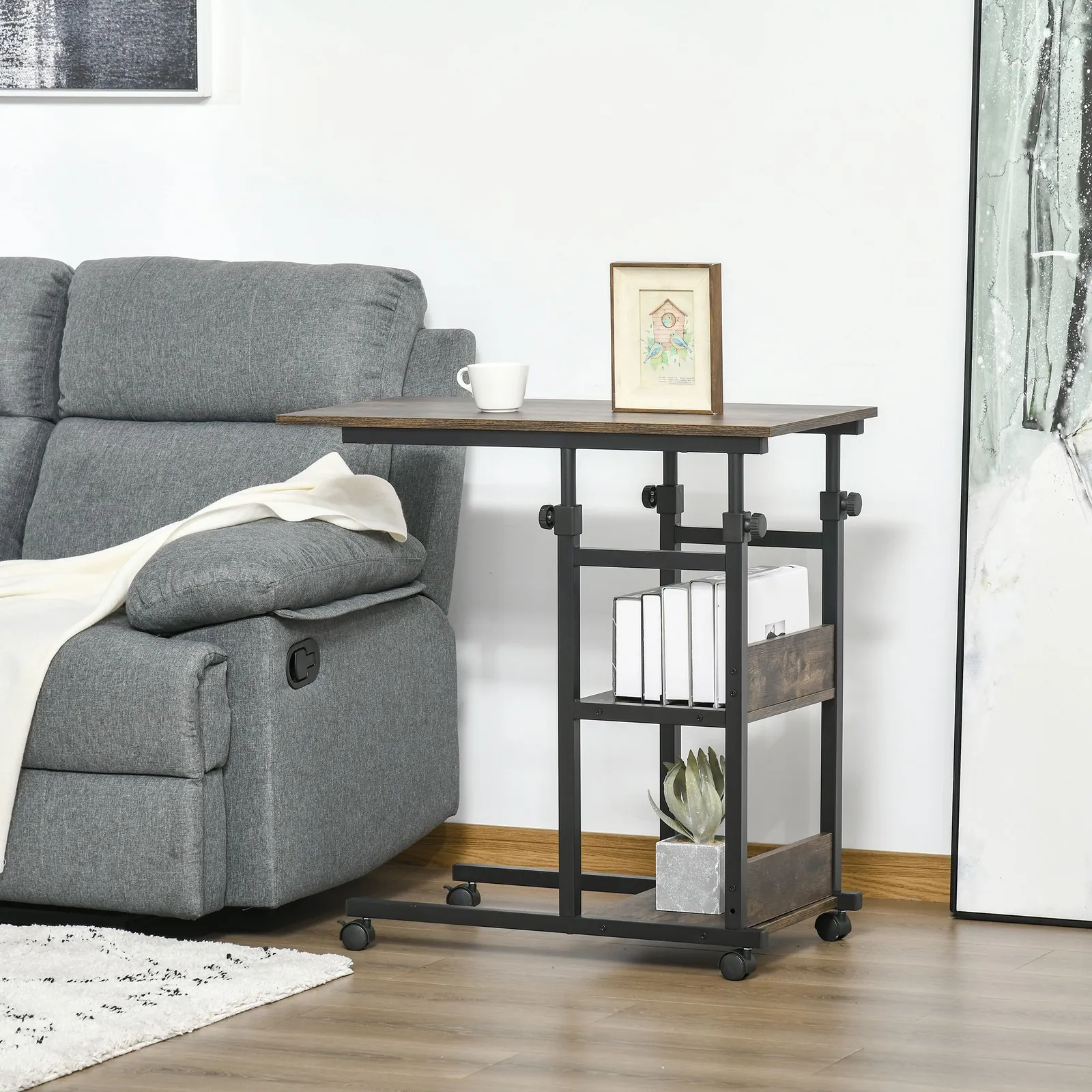 HOMCOM C-Shaped Mobile Sofa Bed Side Table Adjust Height 3-Tier Cart w/ Casters, Brake in Brown