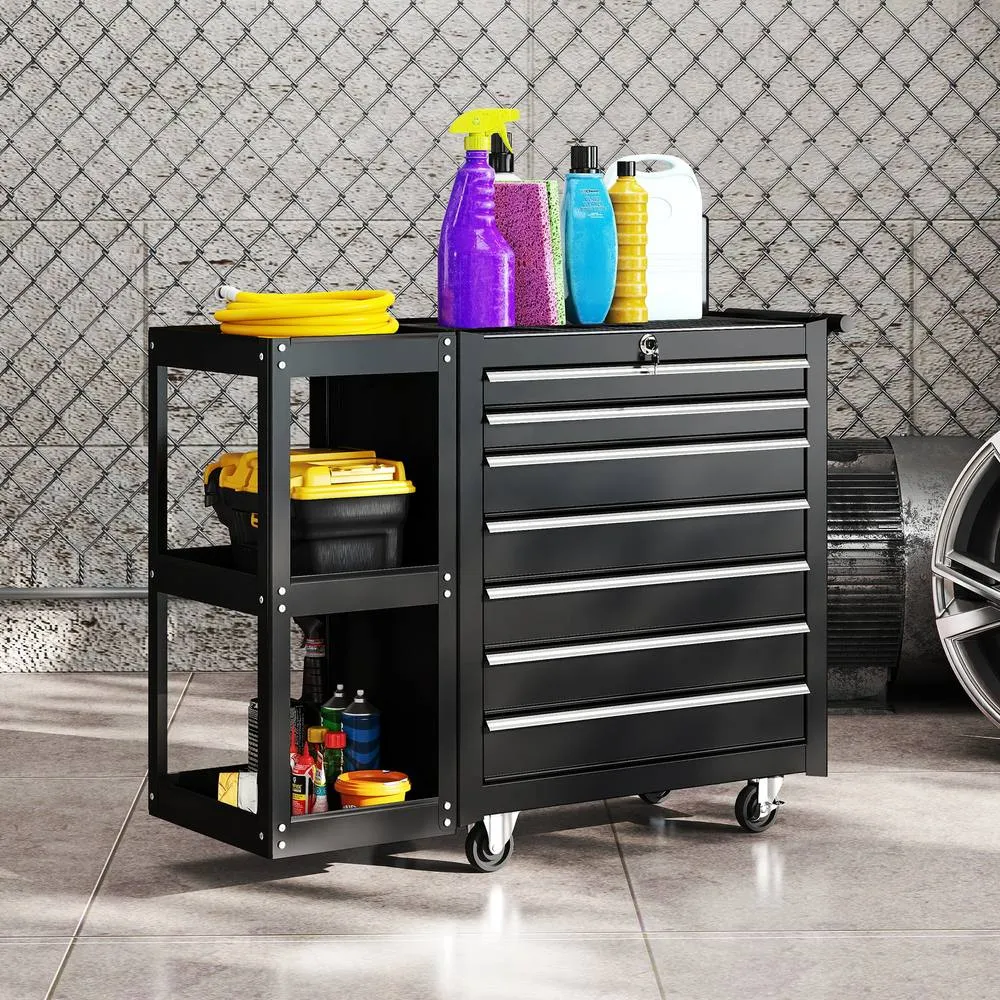 HOMCOM 7 Drawer Lockable Steel Tool Chest on Wheels for Workshop, Black
