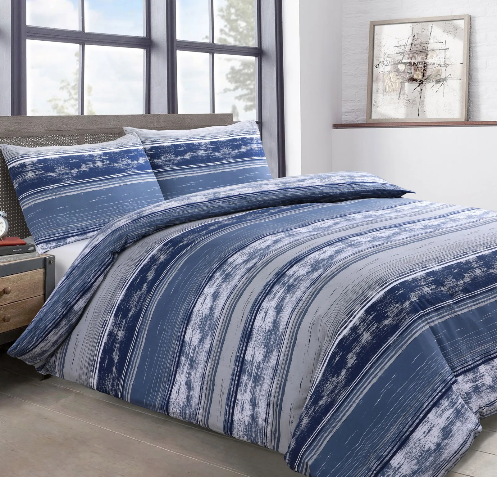 Velosso Elevations Twin Pack Set Duvet Cover & Pillowcase Set - Printed Cotton Rich in Navy
