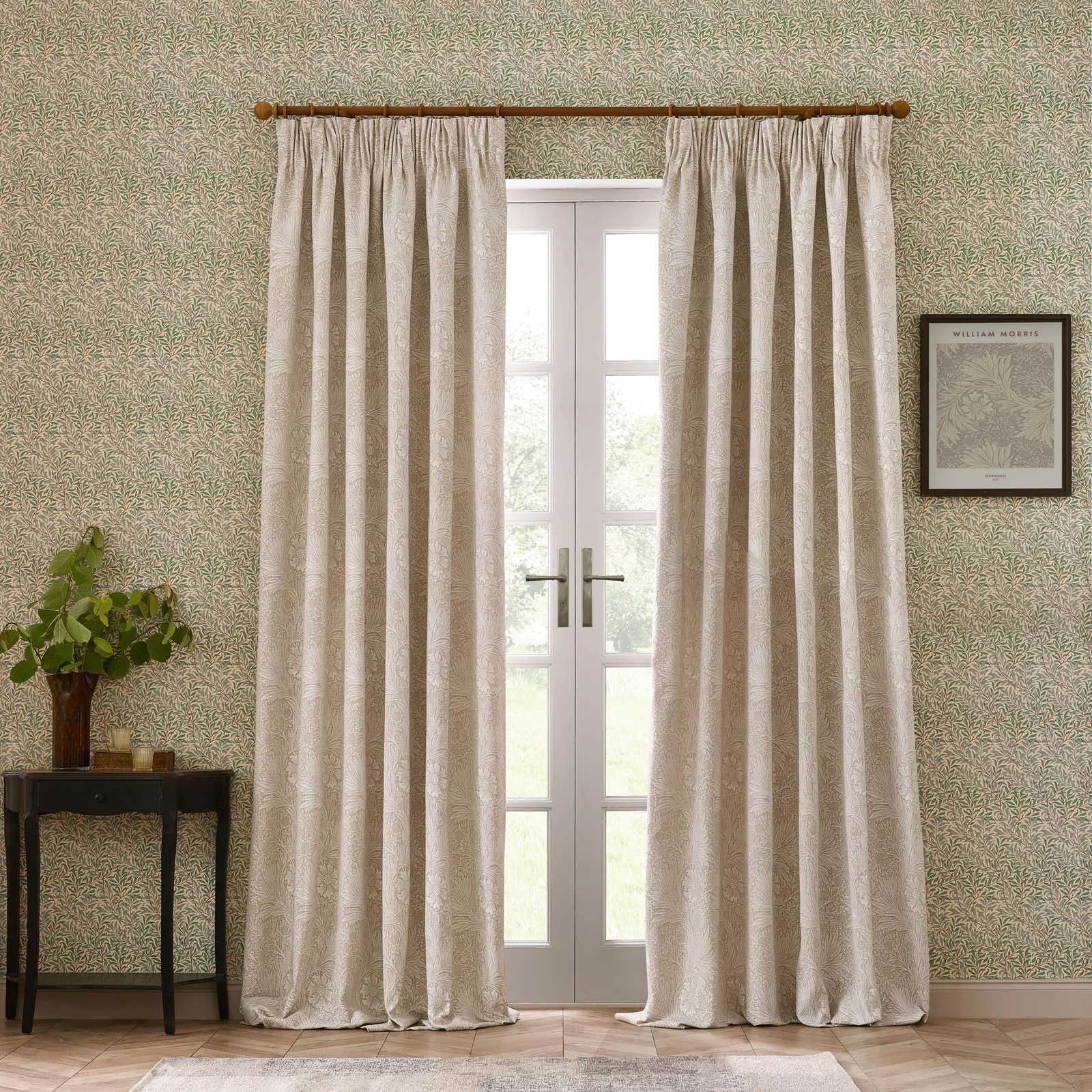 Morris & Co Marigold Jacquard Floral Room Darkening Pencil Pleat Curtains in Stone 6