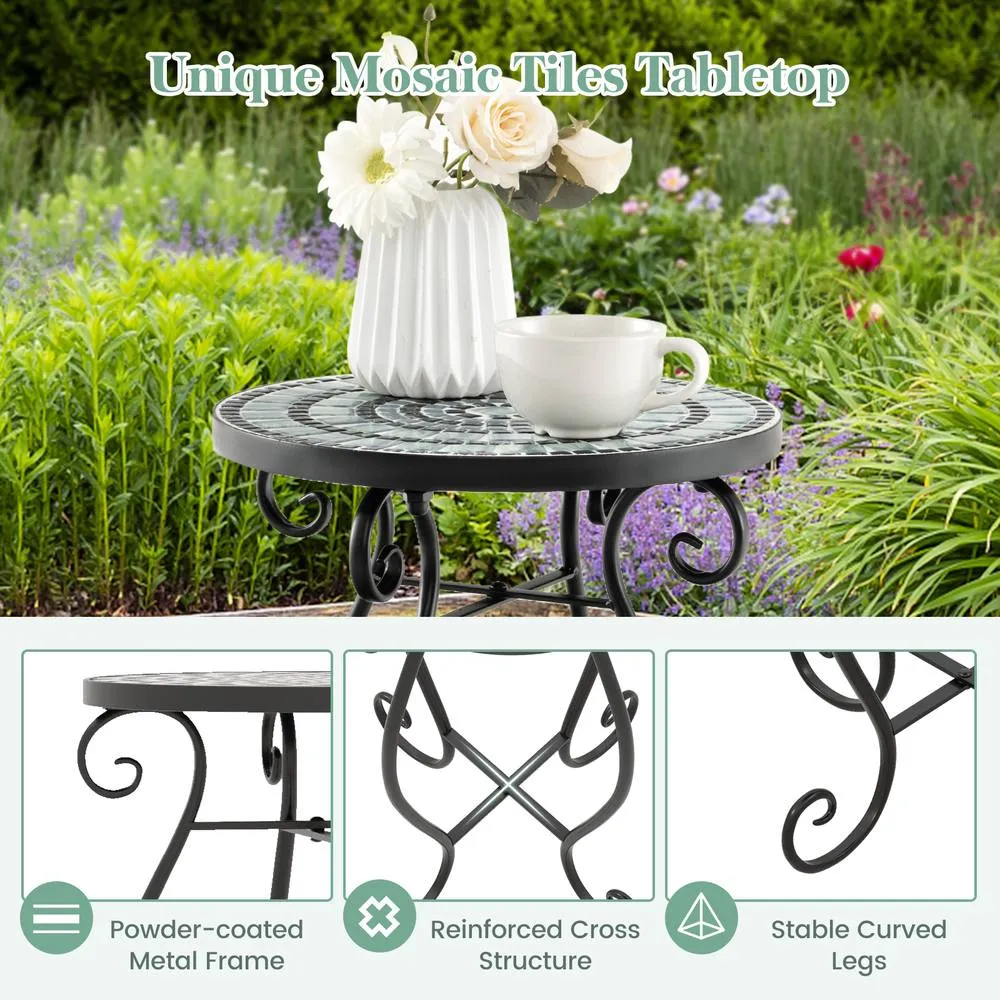 Costway Mosaic Outdoor Side Table Round End Table with Tile Tabletop in Black 5