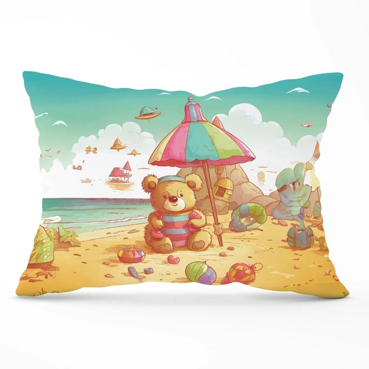 Warren Reed - Designer Teddy Bead On A Beach Holiday Cushions in Yellow