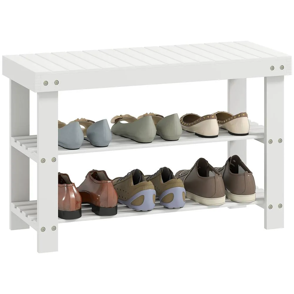 HOMCOM 3-Tier Bamboo Shoe Bench with 2 Shelves for Entryway, White 2