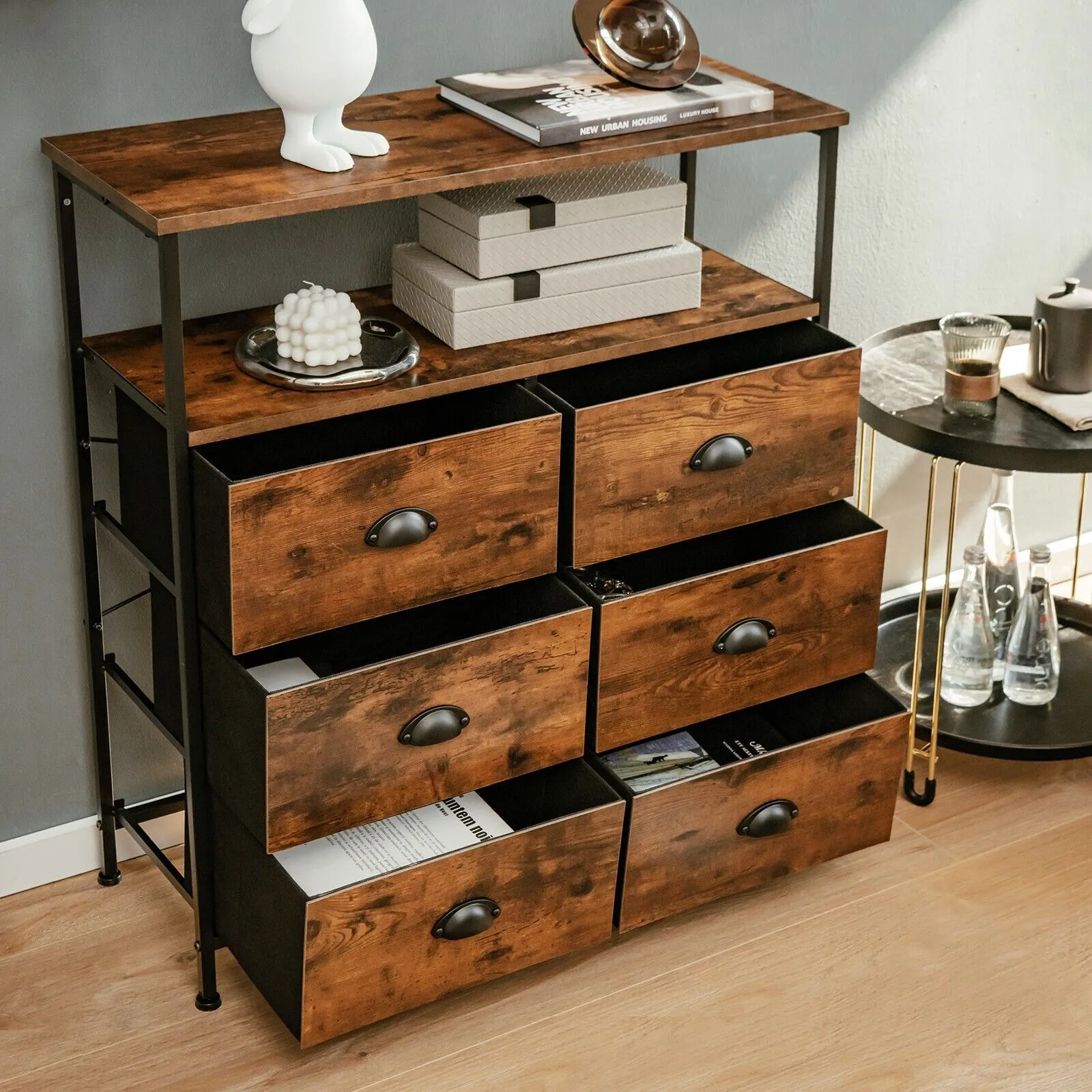 Costway 6 Drawers Dresser Storage Organizer w/ 6 Removable & Foldable Fabric Drawers in Brown 3