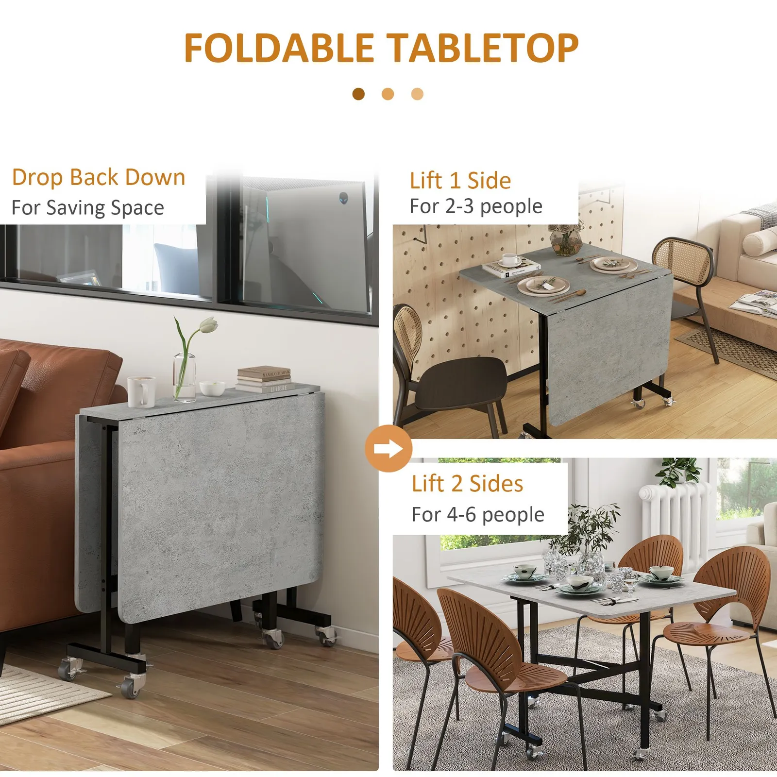 HOMCOM Drop Leaf Table, Folding Dining Table with Metal Frame, Rolling Kitchen Dining Table for Small Spaces, 120cm in Grey 5
