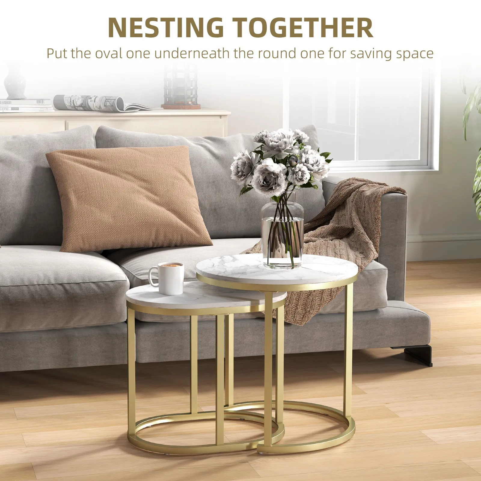 HOMCOM 2 Pcs Coffee Table with Faux Marble Tabletop White 4