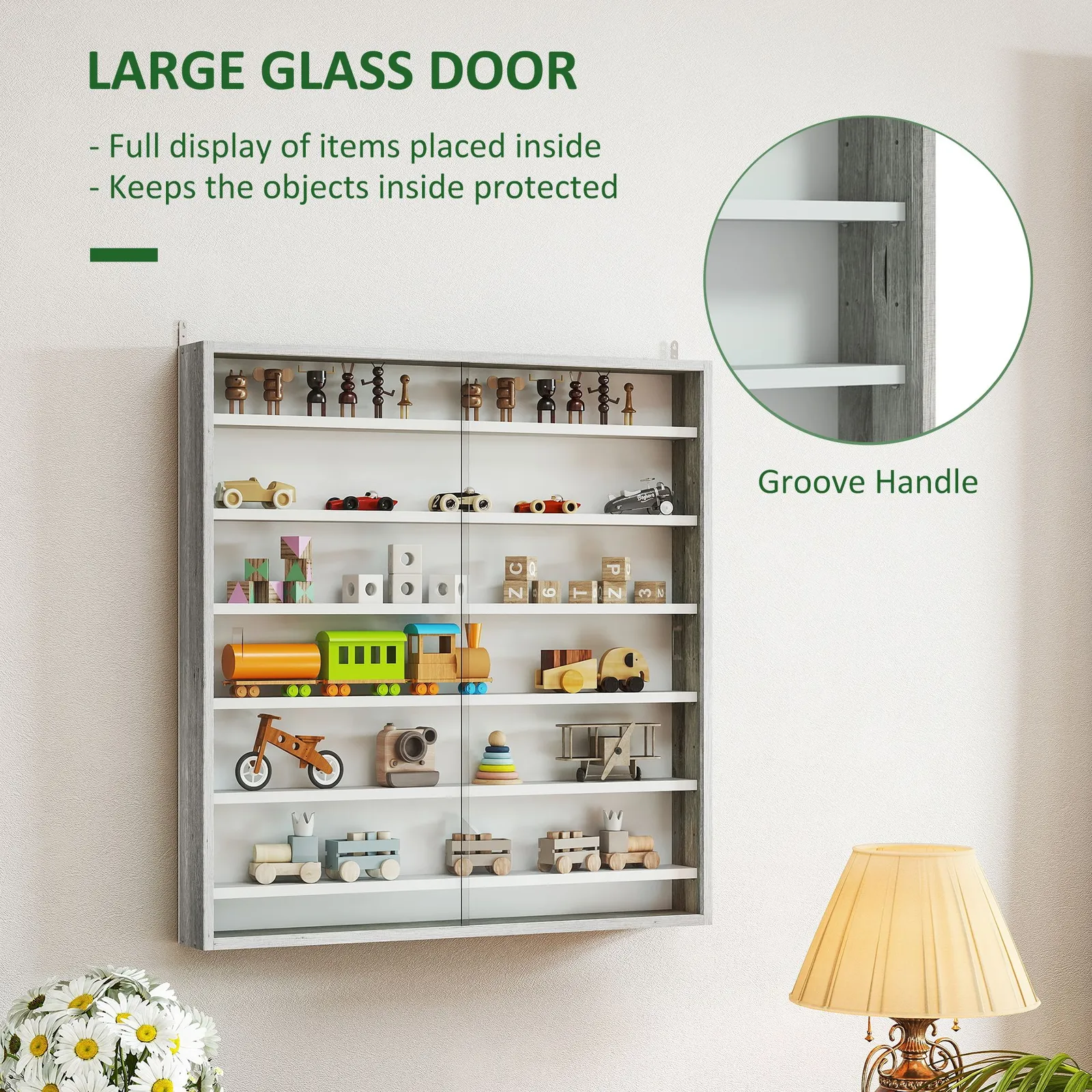 HOMCOM 7-Tier Wall Display Cabinet w/ Shelves Glass Doors in Grey 5