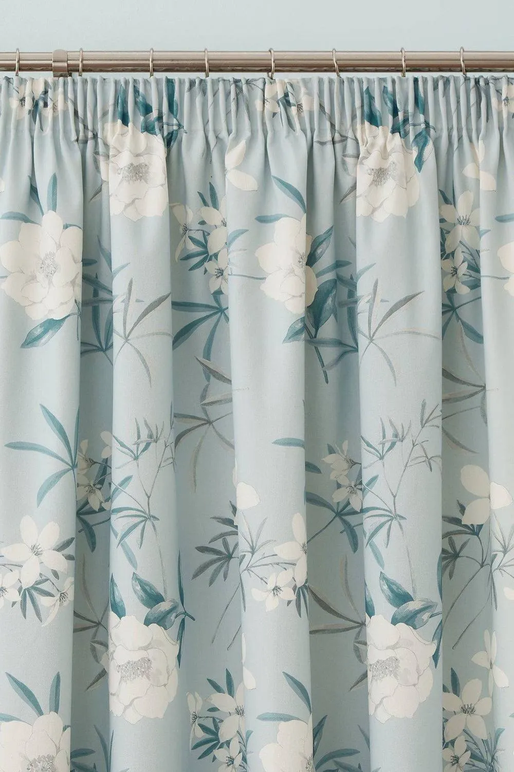 Dreams & Drapes 'Eve' 100% Cotton Floral Pair of Pencil Pleat Curtains With Tie-Backs in Duck Egg Blue 3