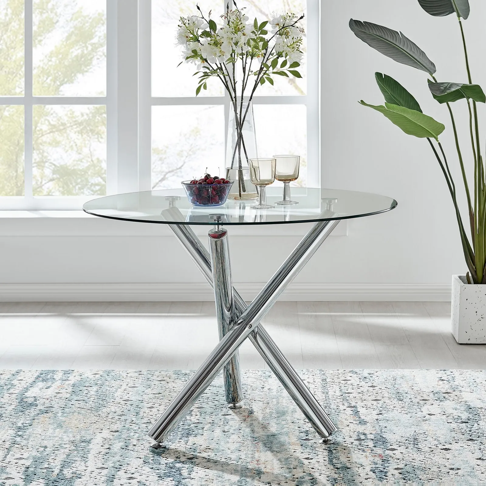 FurnitureboxUK Selina Round Glass Chrome Leg Dining Table & Corona Silver Leg Chairs in Beige 2