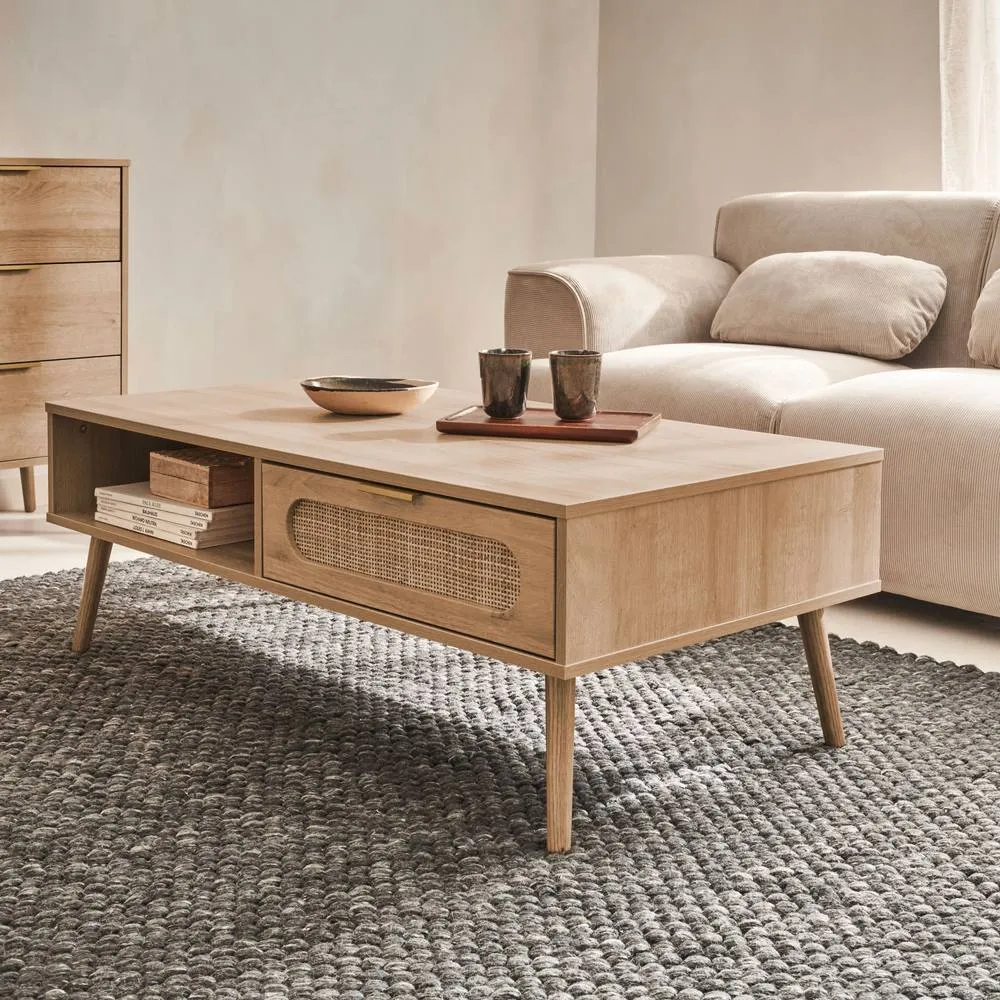 sweeek Wood & Rounded Cane Rattan Coffee Table in Light Brown 6