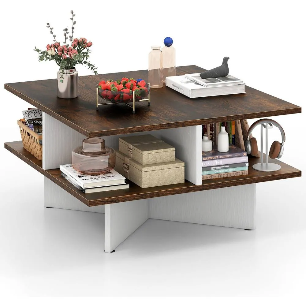 Costway 2-Tier Square Coffee Table 60cm Living Room Center Table-Brown in Brown