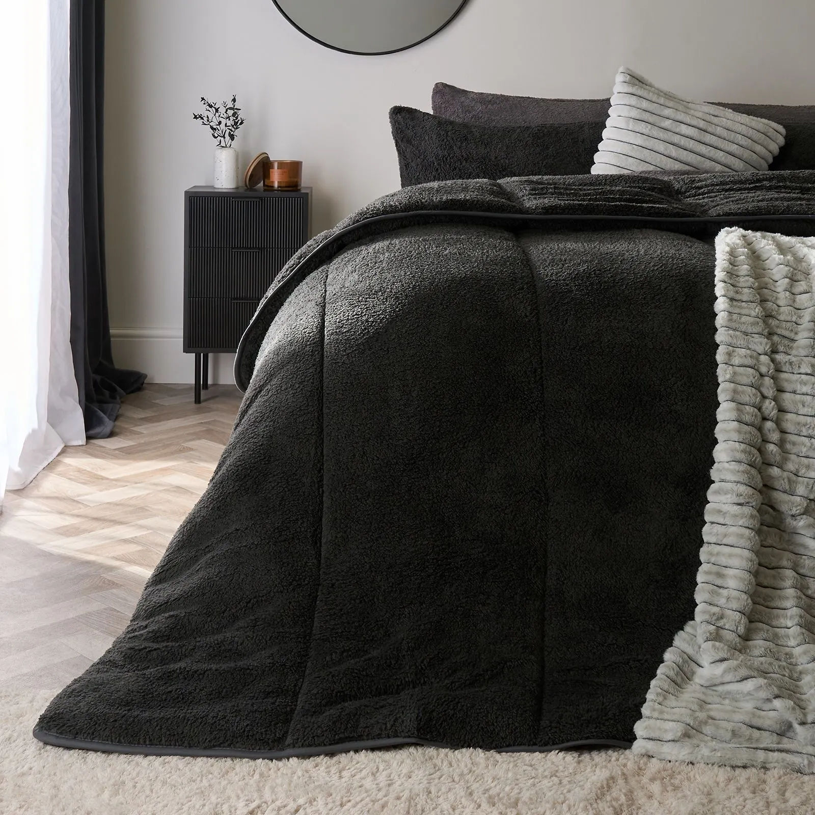 OHS Teddy Fleece 10.5 TOG Coverless Duvet with Pillowcase Bedding Set in Charcoal