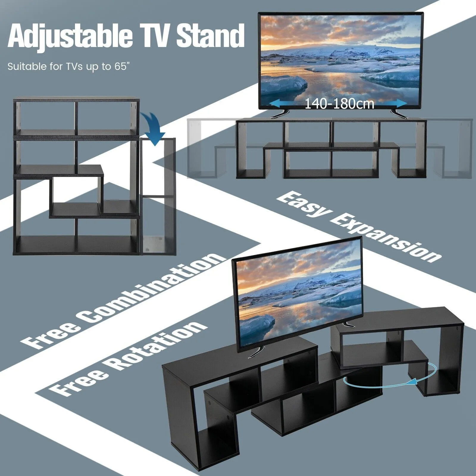 Costway 3 Pieces Free Combination TV Console Stand Modern Bookcase in Black 3