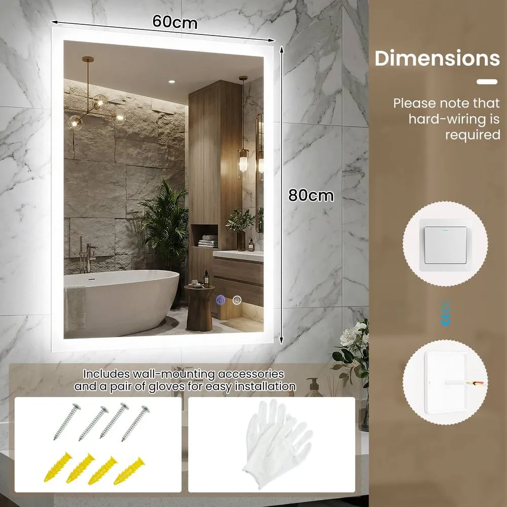Costway 60 CM rectangular LED Lighted Mirror Wall Mounted Bathroom Mirror in White 6