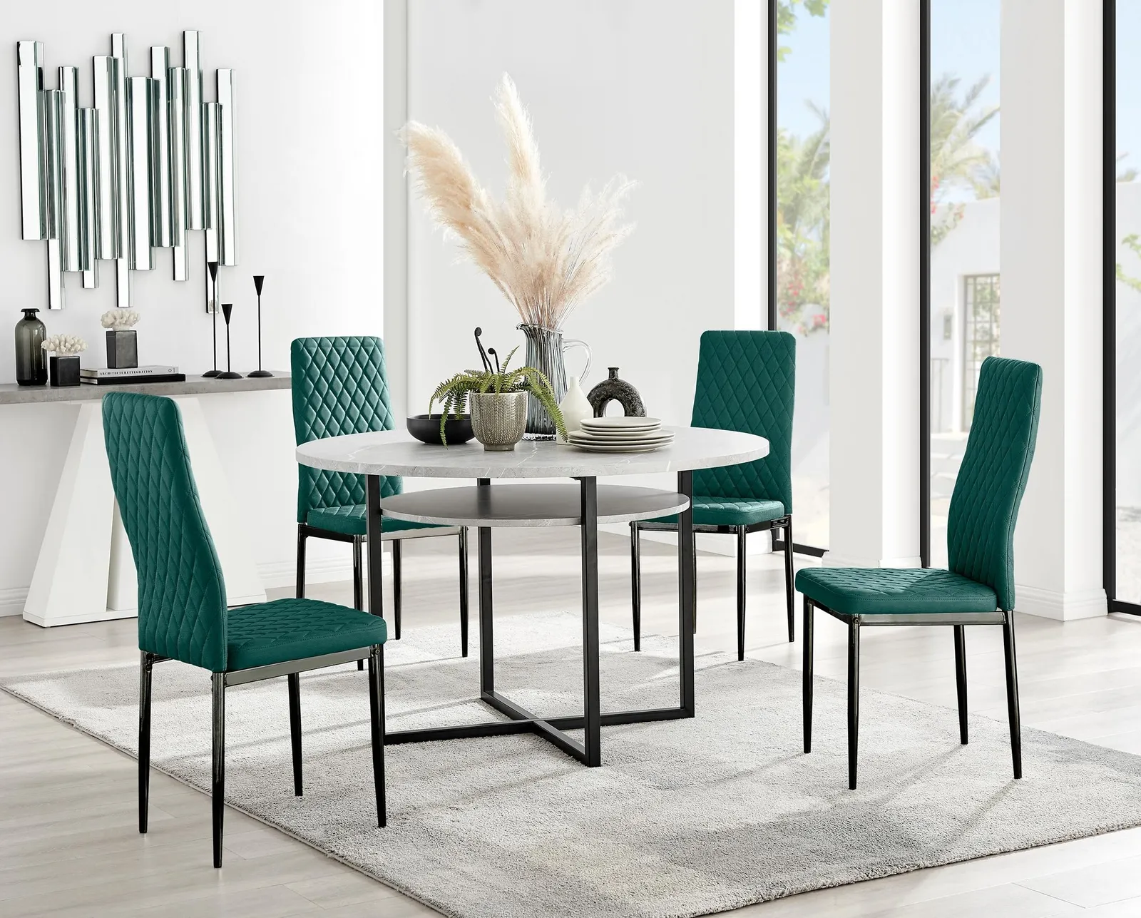 FurnitureboxUK Adley Grey Concrete Effect & Black Round Dining Table with Shelf & 4 Velvet Milan Dining Chairs in Green 1