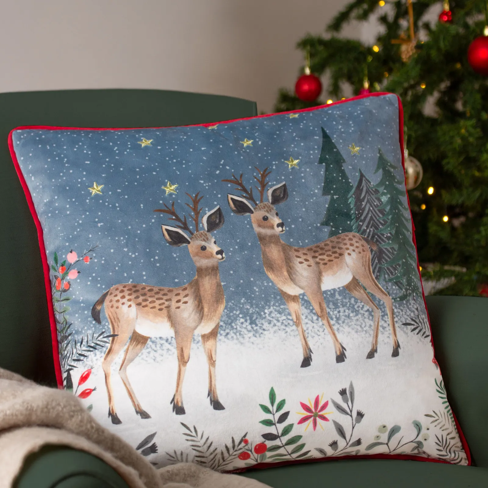 Furn Ditsy Festive Reindeer Velvet Piped Cushion