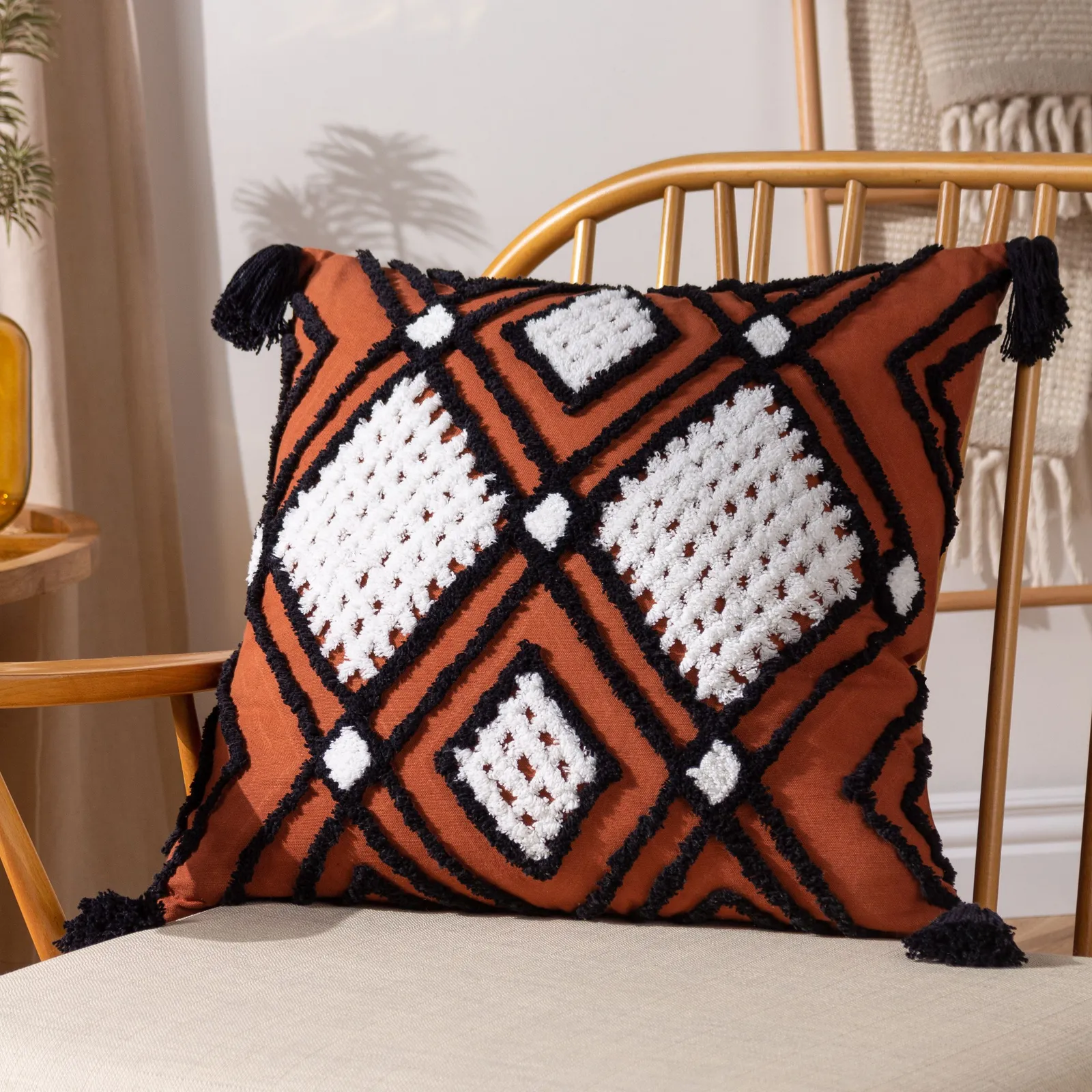 Furn Aquene 100% Cotton Tufted Tasselled Cushion in Red