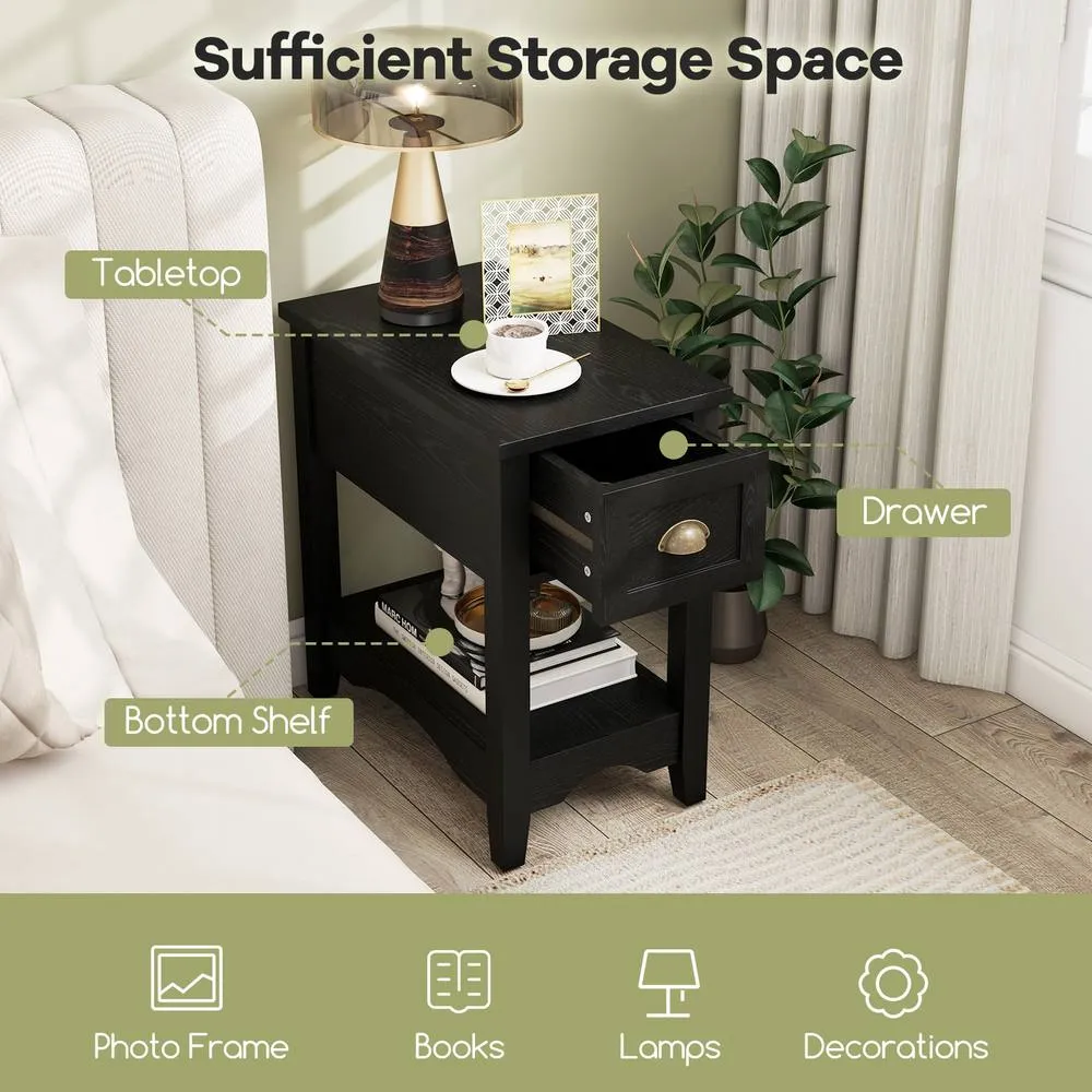 Costway Side End Table Retro Side Table Rectangular Nightstand-Black in Black 6