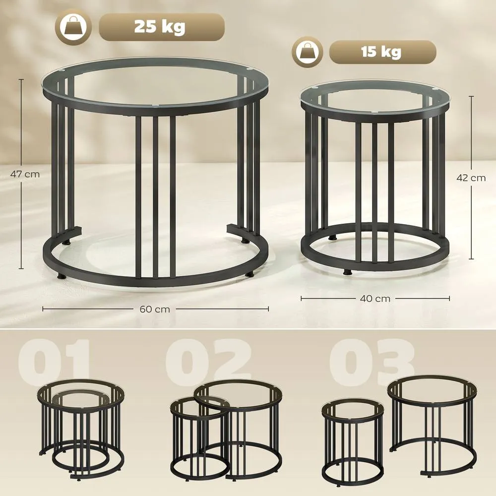 HOMCOM 2 Pieces Round Nesting Coffee Tables with Tempered Glass Top, Black 3