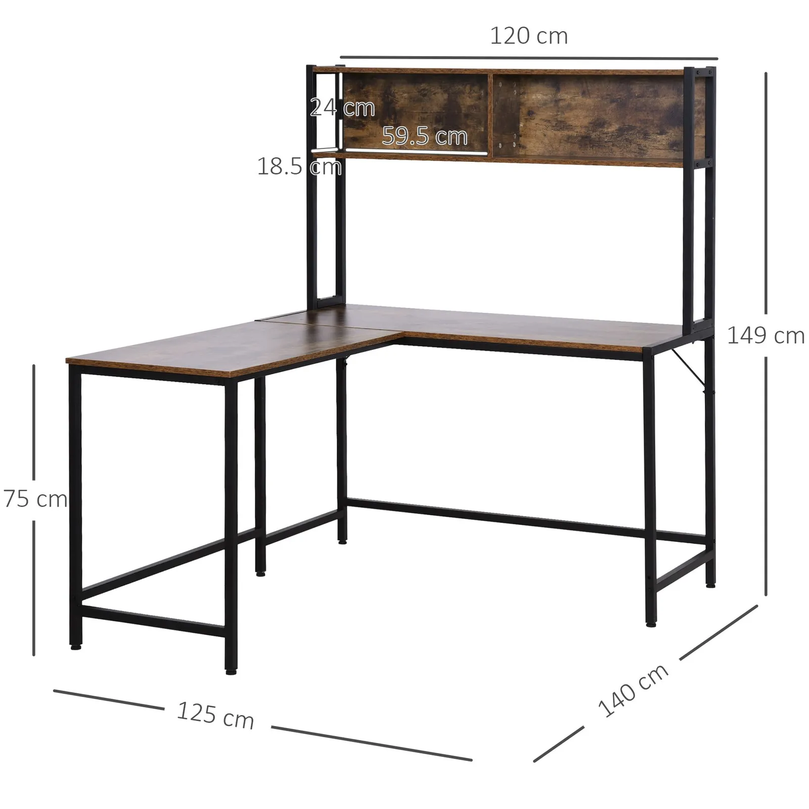 HOMCOM Industrial L-Shaped Work Desk & Storage Shelf Steel Frame in Brown 3