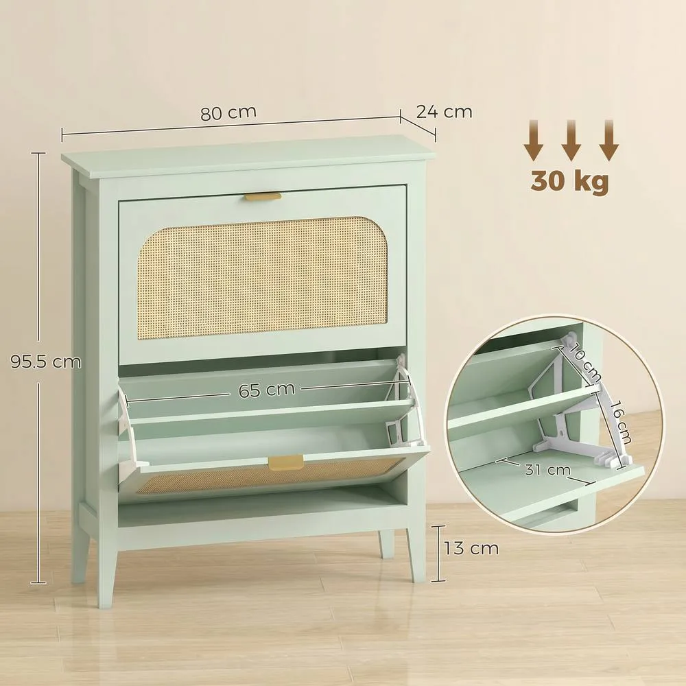 HOMCOM Boho Slim Shoe Cabinet with Rattan Doors, Holds 14 Pairs, Green in Light Green 3