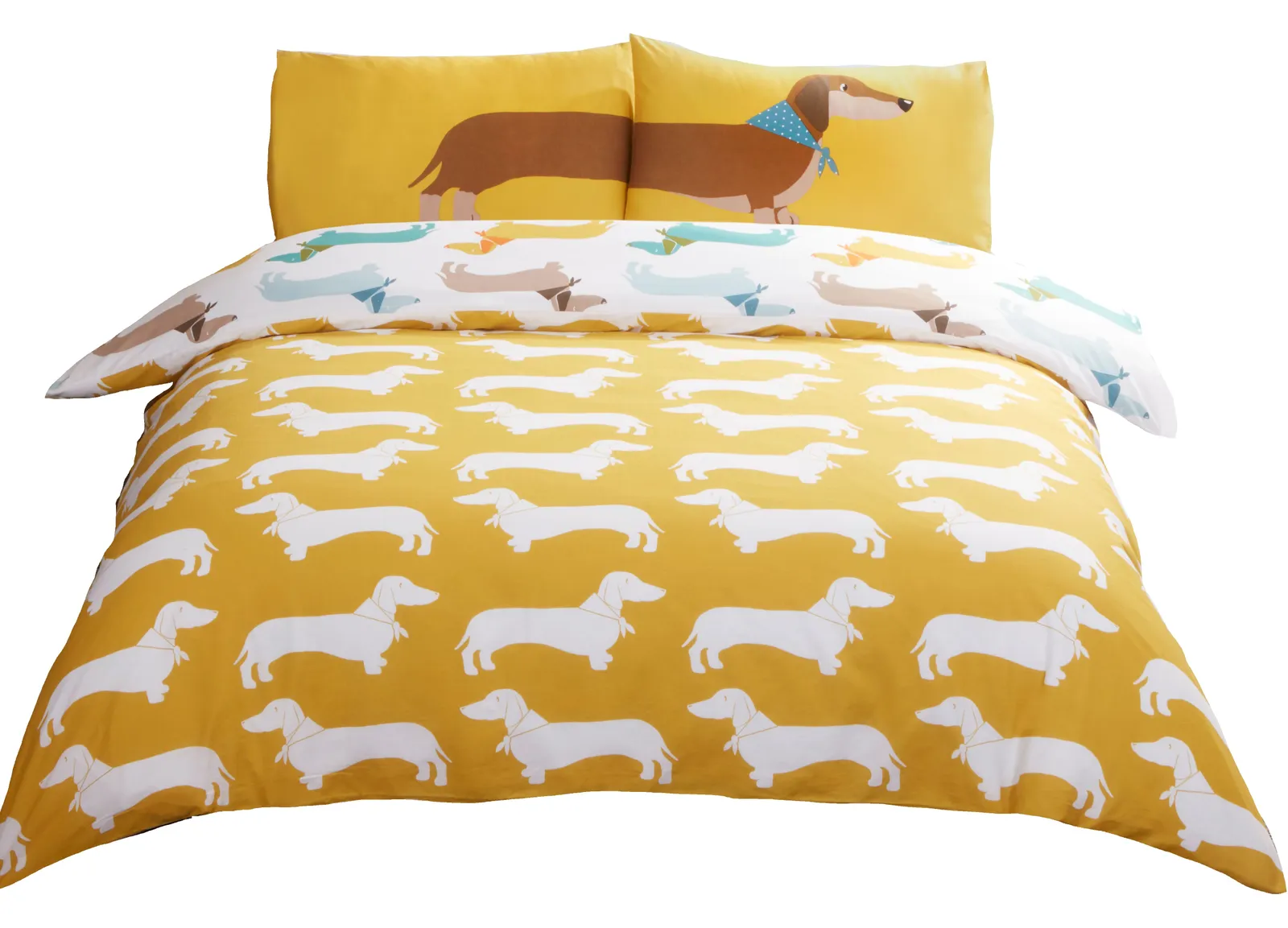 Rapport Home Sausage Dog Microfibre Reversible Duvet Cover Set with Pillowcase in Yellow 2