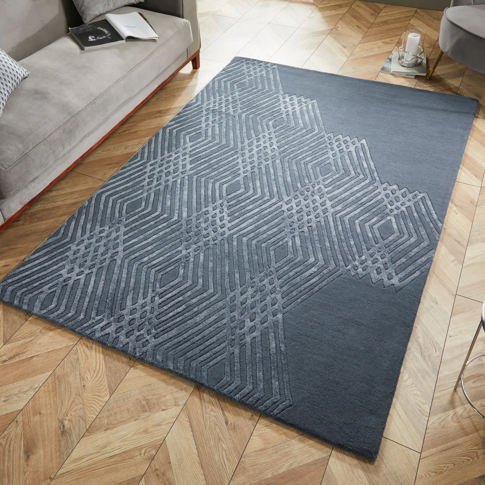 Diamonds Wool Rug Blue