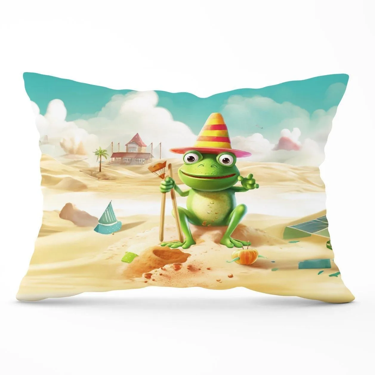 Warren Reed - Designer Happy Frog On A Beach Holiday Cushions in Yellow