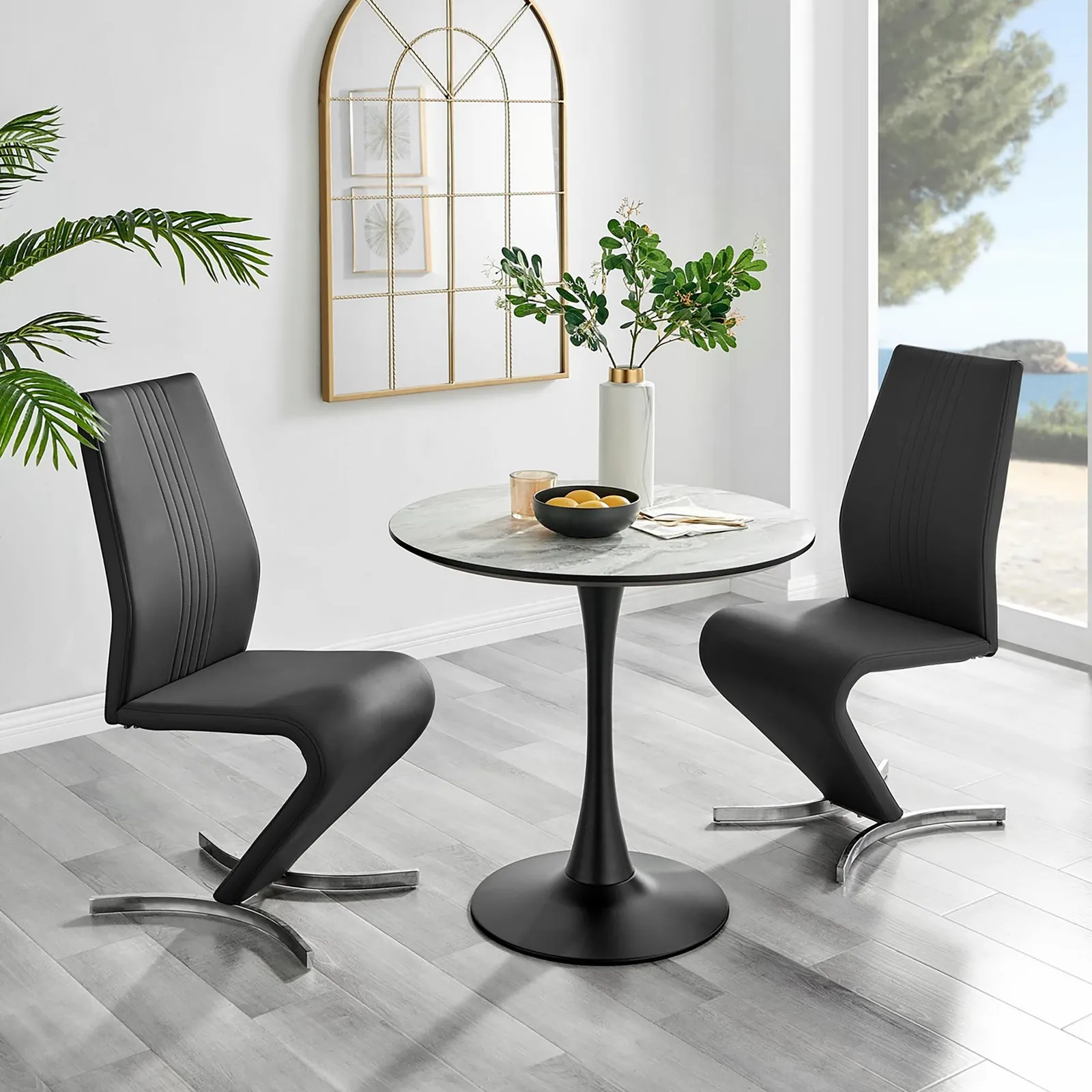 FurnitureboxUK Elina White Marble Effect Scratch Resistant Dining Table & 2 Willow Faux Leather Chairs in Black 1