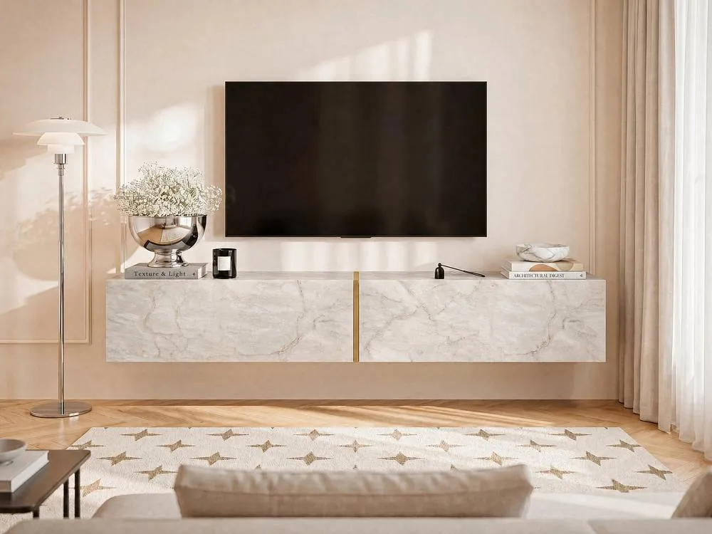 Vente-unique Wall-Mounted TV Unit With 2 Doors - White Marble Effect - DINOMA 3