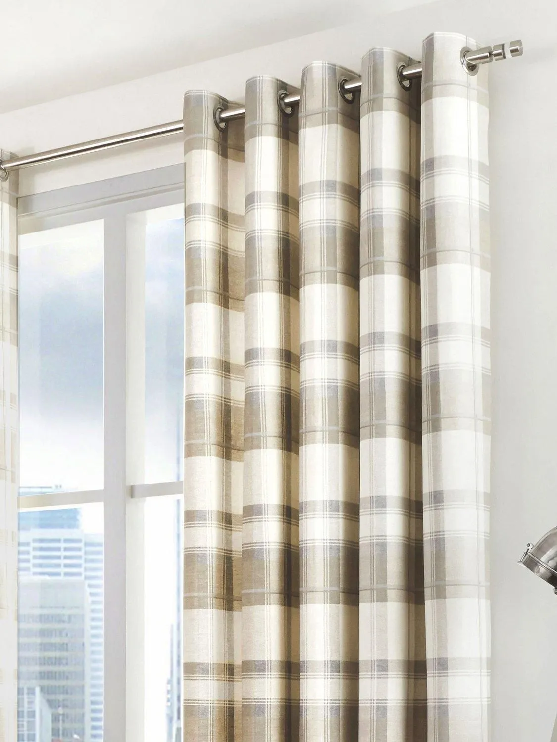 Fusion 'Balmoral Check' Country Checked Pattern Pair of Eyelet Curtains in Natural 2