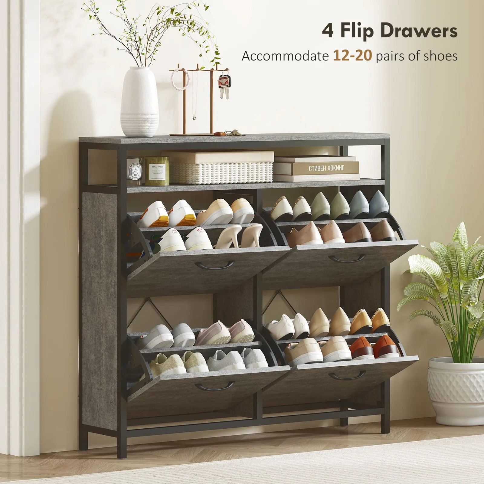 HOMCOM Shoe Cabinet with 4 Flip Drawers, Holds 12-20 Pairs in Grey 4