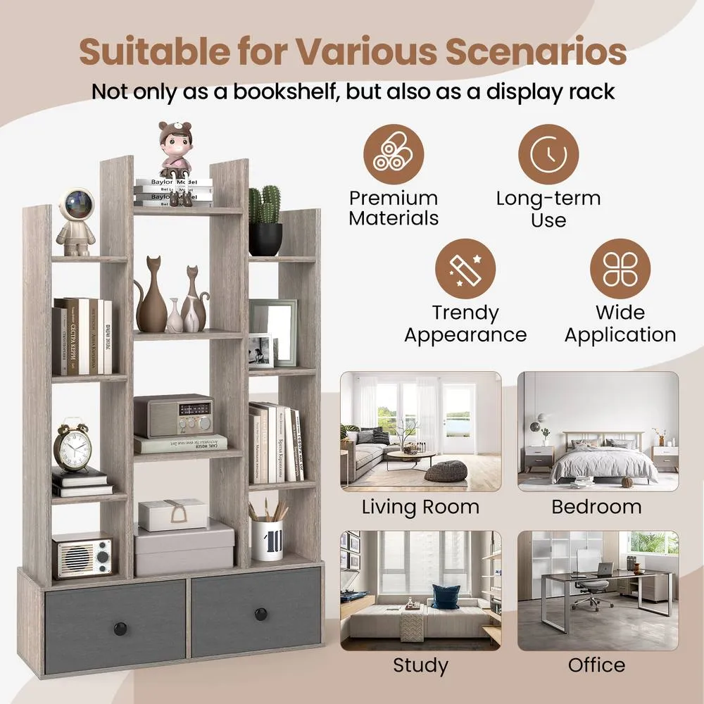 Costway 12 Tier Bookshelf Open Storage Wood Bookcase Organizer Display Shelf in Grey 5