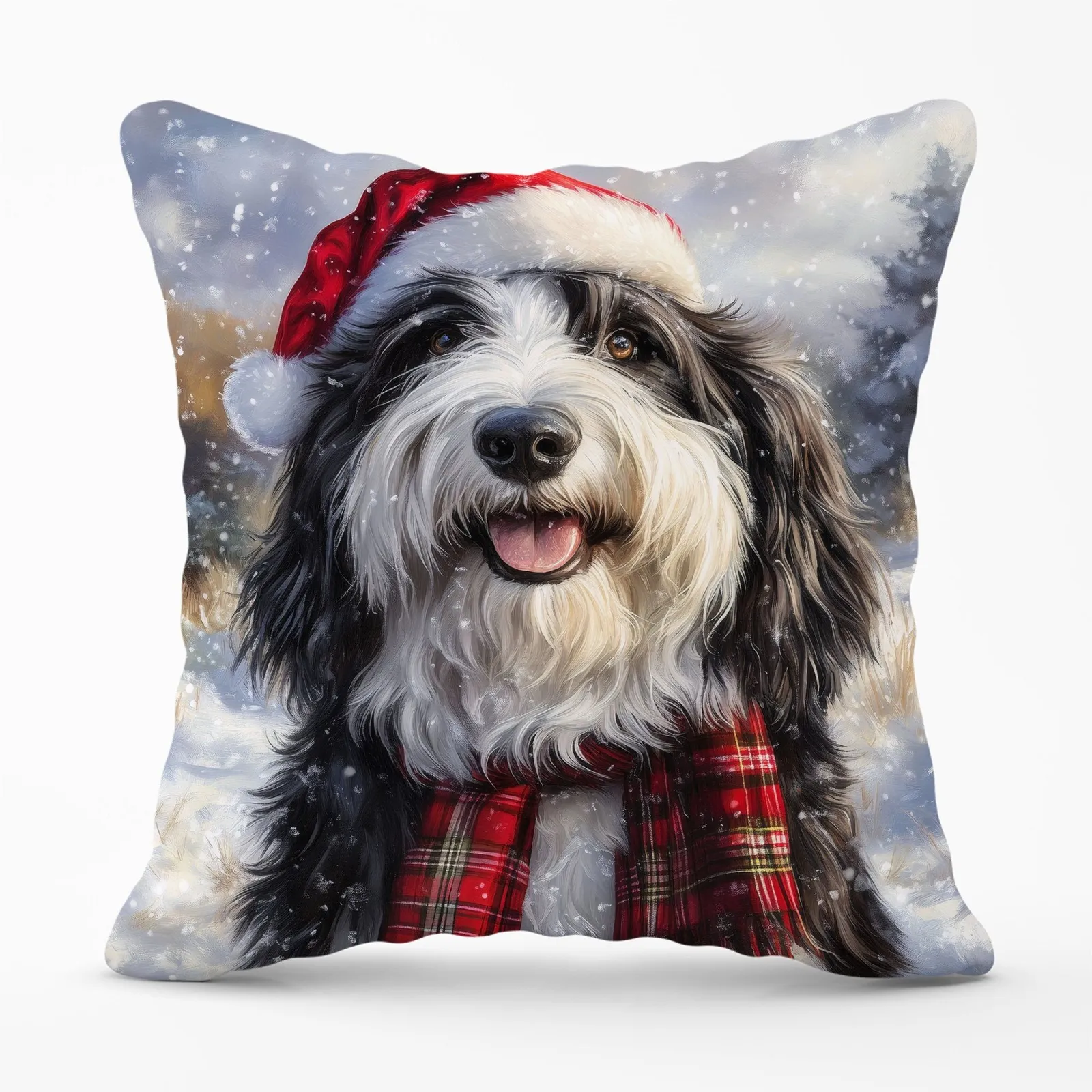 Warren Reed - Designer Christmas Bearded Collie Cushion in Grey