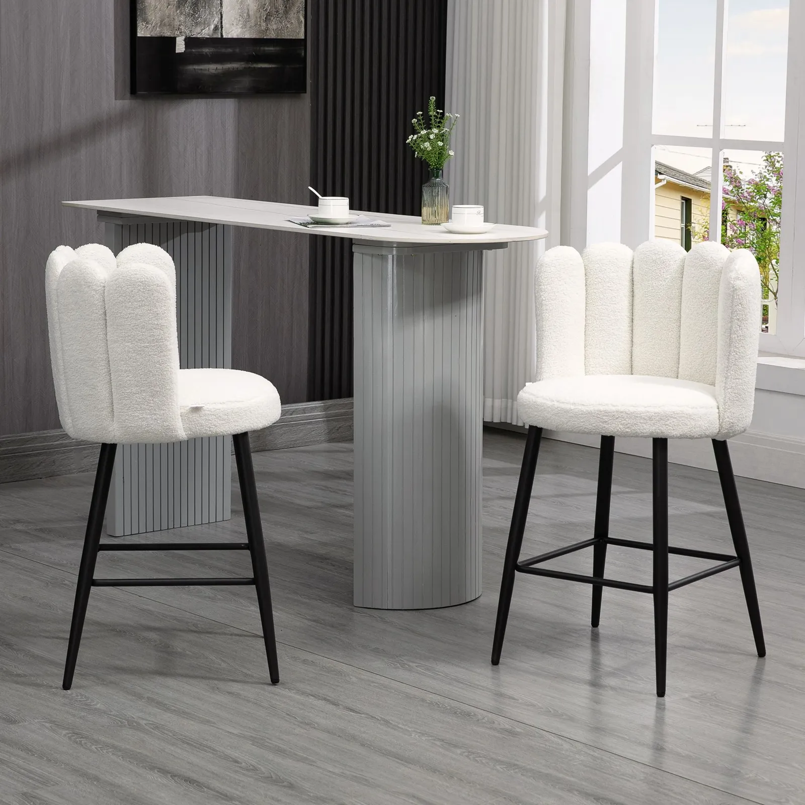 HOMCOM Fluffy Upholstered Breakfast Bar Stools Set of 2 with Back, Cream