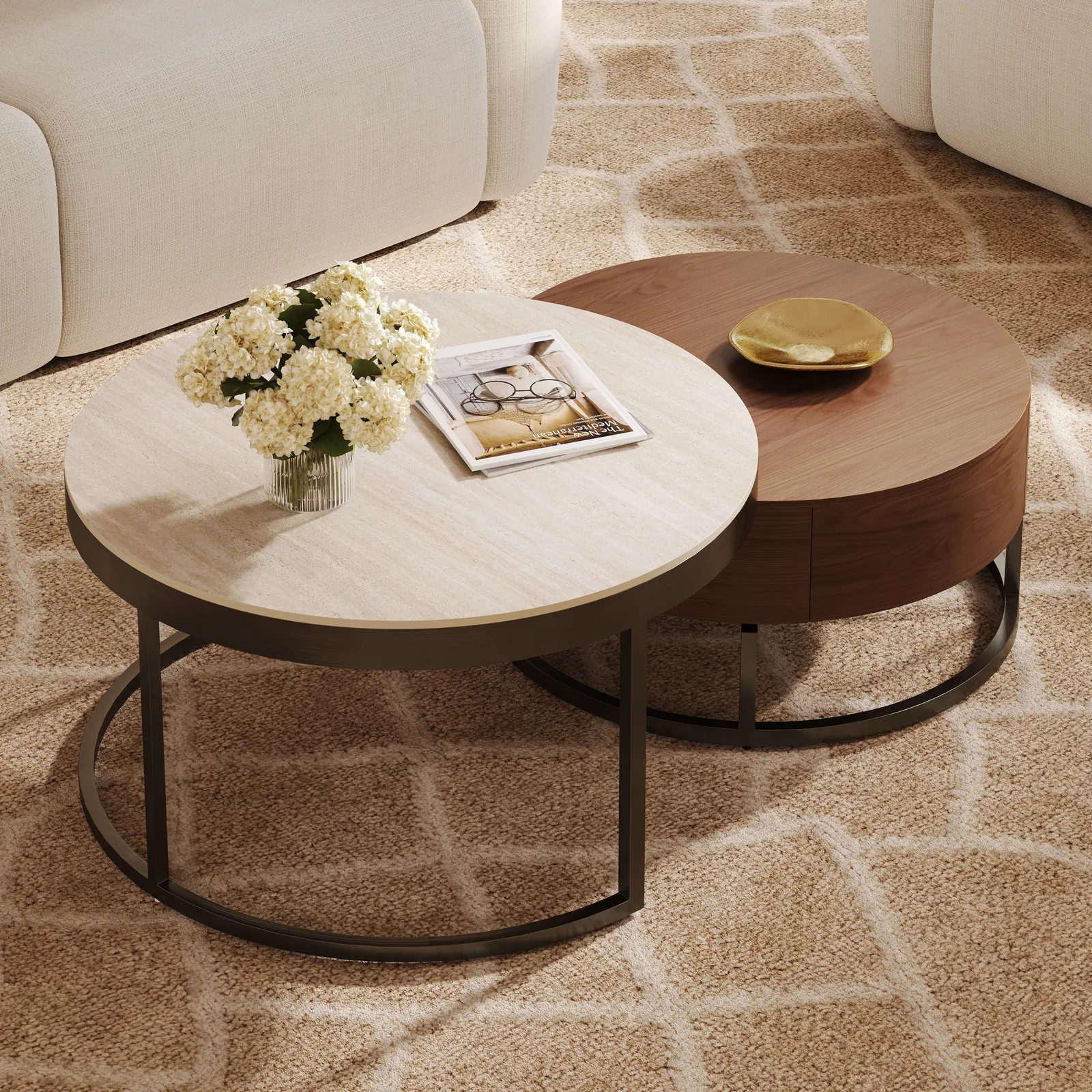 Nesnesis 28"-32" Round Nesting Walnut Coffee Table Set with Sintered Stone Top